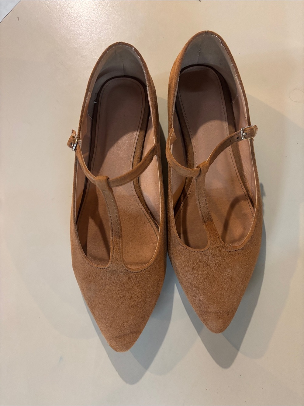 Classic T-Strap Pointed Toe Flats - Tan